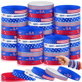 Lunmon 120 Pcs 4th of July Silicone Bracelets USA American Flag Rubber Wristbands Bulk Patriotic Red White and Blue Bracelets for Independence Memorial Day Party Favors