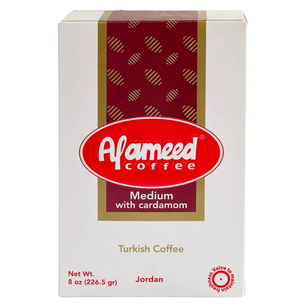 Al Ameed Gourmet Turkish Ground Coffee Medium Roast With Cardamom, 100% Authentic Arabica, Fresh & Finely Ground, 8oz