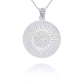 Claddagh Gold Round .925 Sterling Silver The Sacred Name of Jesus IHS Christogram Symbol Catholic Religious Pendant Necklace, 16"
