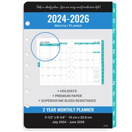 2024-2026 Monthly Planner Refill - Planner Inserts with 7-Hole Punched, 5-1/2" x 8-1/2", Runs from July 2024 to June 2026, Two Pages Per Month, Monthly Calendar with Monthly Tabs