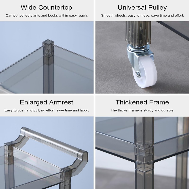 Acrylic Utility Rolling Cart,3-Tier Acrylic Bar Cart with Pulling Handle