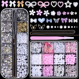 Cynailli 3D Nail Charms Set, Pink Color White Flower Butterfly Nail Bow Charms for Nails Art, Half Round Pearl+Flatback Gems AB+ Heart Star Pearls Nail Art Charms for Nail Supplies DIY Accessories