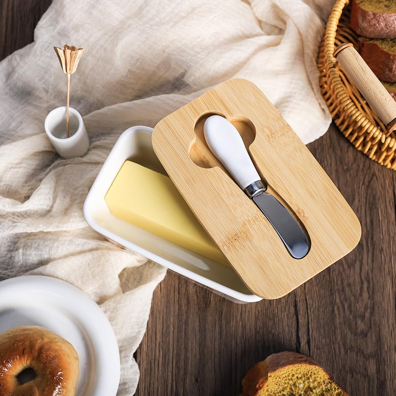 WAIT FLY Mushroom Ceramic Butter Dish with Bamboo Lid and