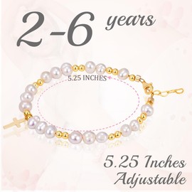 Baby Crystals Baby Girl 14K Gold Plated Beads Cross Bracelet, White Cultured Freshwater Pearls, Beaded Bracelets for Girls, Birthday Girl, Christening, Communion, Baptism Gifts for Girl