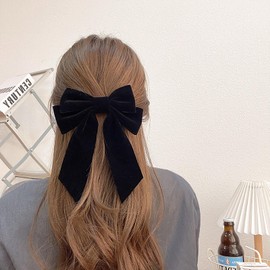 Erimberate Bohemian Velvet Bow Hair Clips Black Ribbon Bow Hair Clip Barrette Long Satin Bow Tie Hair Barrettes Large Black Velvet Bow Hair Clip Bow Winter Decorative Hair Accessories for Women