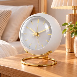 Analog Alarm Clock for Bedside Use – Silent Luminous Pointer Design with Gold Stand for Bedroom, Desk & Kids Room