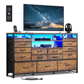 WLIVE 15 Drawer Dresser for Bedroom, Dresser TV Stand for 55, 60, 65 inch TV with Led Lights & Charging Station, Wide Chest of Drawers with Open Shelves, Fabric Dressers for Living Room, Rustic Brown