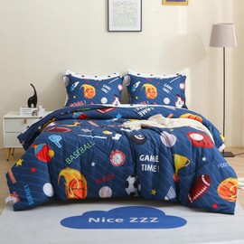 Jameswish Sports Boys Twin Size Bed in a Bag Set with Sheet 7 Piece Baseball Football Bedding Set for Kids Teens Basketball Soccer Comforter Set