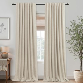 KOUFALL 108 Inch Linen Black Out Curtains Long,Beige Blackout Back Tab Pleated Curtain Drapes 2 Panels for Living Room