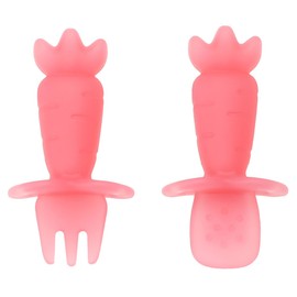 KUHU Carrot Silicone Spoon & Fork Set - Silicone Utensils for Babies & Toddlers, baby silicone spoon & Fork Set, led weaning spoon (Blush Petal)