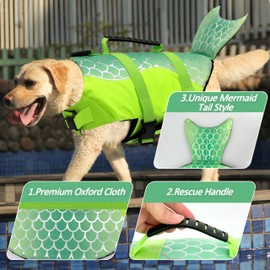 Kosgraiy Dog Life Jacket Mermaid Dog Life Vest with High Buoyancy and Rescue Handle for Boating,Adjustable Puppy Swim Jacket Pet Floating Vest for Small Medium Large Dogs,Gradient Green,L