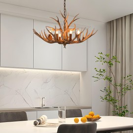 MOCHAG Antler Chandelier, Resin Faux Deer Farmhouse Light Fixtures, Vintage Style Aantlers with 6* E12 Base, Deer Antler Chandelier Lighting for Living Room Kitchen Island Bedroom Bar Cafe, No Bulb