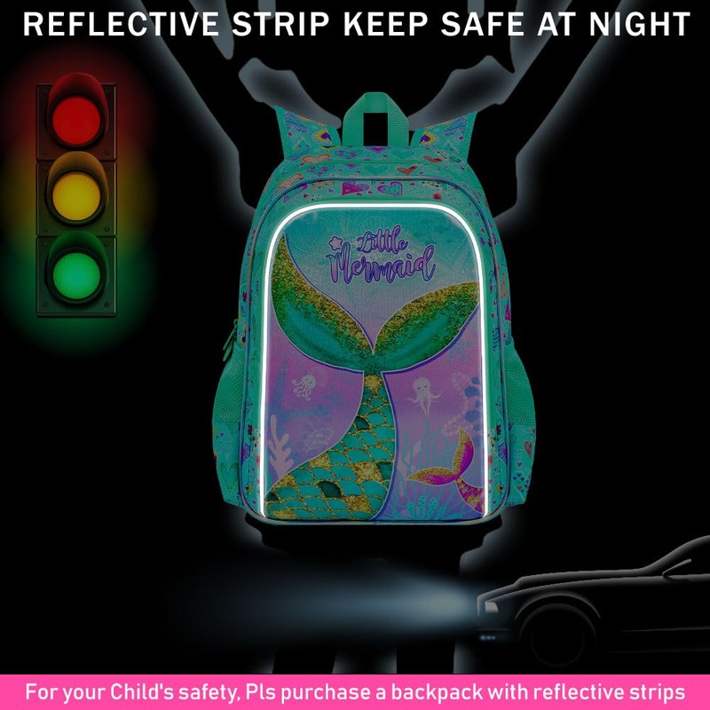 KLFVB 3PCS Girls Mermaid Backpack, Water Resistant Kids Unicorn Bookbag