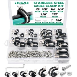 OURU 50PCS Cable Clamps with Screws Assortment Kit 304 Stainless Steel Rubber Coated Cushioned Insulated Cable Clamp,Automotive Wire Pipe Clamps 7 Sizes—1/8" 3/16" 1/4" 5/16" 3/8" 1/2" 3/4"