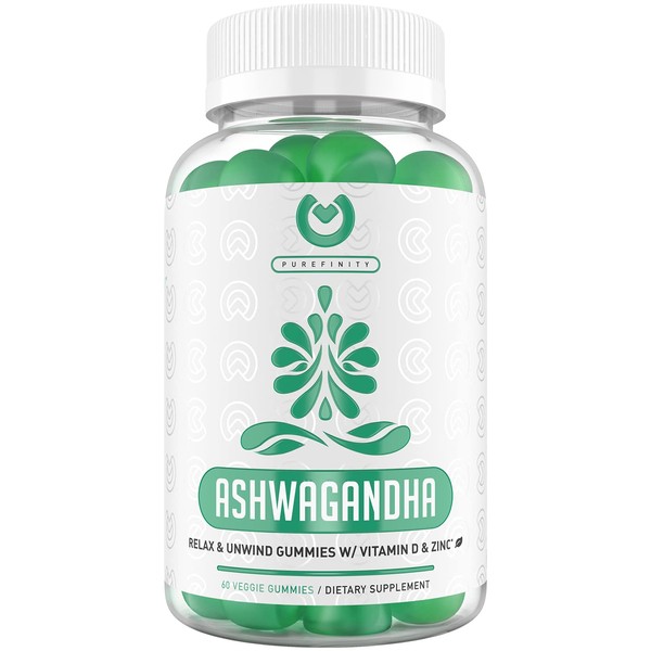 PUREFINITY Ashwagandha Gummies – Herbal Gummy Supplement with Vitamin D & Zinc for Mood Support & Immune Health. Gluten Free, Non-GMO and Vegan - Delicious Fruit Flavor!
