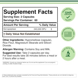 Double Wood Supplements Serrapeptase 240,000 SPU Max Potency (120 Veggie Capsules) Proteolytic Enzyme fo