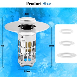 Pop Up Sink Strainer, 304 Stainless Steel Pop Up Drain Strainer, Plug with Removable Stainless Steel Filter Basket, Hair Catcher, Sink Plug, Suitable for Kitchen, Bathroom (Diameter 25 to 46 mm)