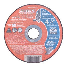 DIABLO 4 1/2 INCH METAL CUT-OFF DISC .040 THICK - 7/8 INCH (22.2mm) ARBOR - TYPE 1 HUB - THIN KERF DESIGN - PREMIUM ALUMINUM OXIDE BLEND FOR USE ON METAL MATERIALS - 13,280 MAX RPM - 15 PACK