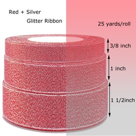 OZXCHIXU 1 Inch Red and Silver Glitter Ribbon, 25Yards Colorful Sparkly Metallic Fabric Ribbon for Gift Wrapping, Balloons, Crafts, Sewing, DIY Decor, Holiday, Wedding and Birthday Party Decoration.
