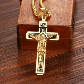 Cupimatch Men's Necklace Stainless Steel Cross Jesus Prayer Christ Pendant Polished Men's Necklace 22.04 Inches (56 cm), Gold Silver Black, Stainless Steel, No Gemstone