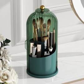 360° Rotating Makeup Brush Holder with Lid, Waterproof and Dustproof Storage Organizer for Cosmetic Tools and Lipstick for Vanity, Bathroom, Bedroom, Desktop (Green) - Color: Pink-Purple