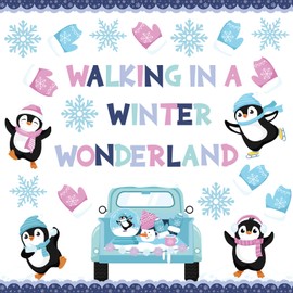 Dispowreath 53 Pcs Winter Bulletin Board Decoration Winter Penguin Paper Cutouts Winter Christmas Car Snowflake Gloves Bulletin Board for Xmas Holiday School Classroom Party Decor