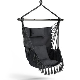 Giantex Hanging Chair Hammock Swing Chair - with Sturdy Steel Hanging Bar, Comfortable Headrest Pillow, 2 Cushions, Pocket Macrame Swing Chair for Bedroom, Living Room, Max 330 Lbs Swing Seat (Gray)