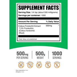 BulkSupplements BulkSupplements.com Coleus Forskohlii Extract Powder - Forskolin Supplement, Forskolin Powder - Herbal Supplement, Gluten Free, 500mg per Serving, 500g (1.1 lbs) (Pack of 1)