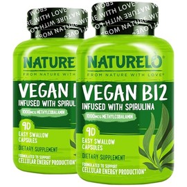 NATURELO Vegan B12 - Methyl B12 with Organic Spirulina - High Potency Vitamin B12 1000 mcg Methylcobalamin - Supports Healthy Mood, Energy, Heart & Eye Health - 90 Capsules (Pack of 2)