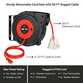 DEWENWILS Retractable Extension Cord Reel, 50FT Power Cord Reel with 14AWG/3C SJTOW, 13A Circuit Breaker, Wall/Ceiling Mounted, 3-Lighted Triple Outlets for Garage, Workshop, UL Listed, Red