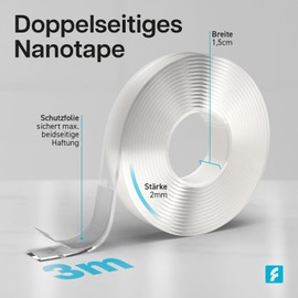 FIXWERK Nano Tape, Double-Sided Nano Tape, Extra Strong, 3 Metre Roll, Removable Tape, Washable & Reusable, Transparent (2 mm x 1.5 cm x 3 m)