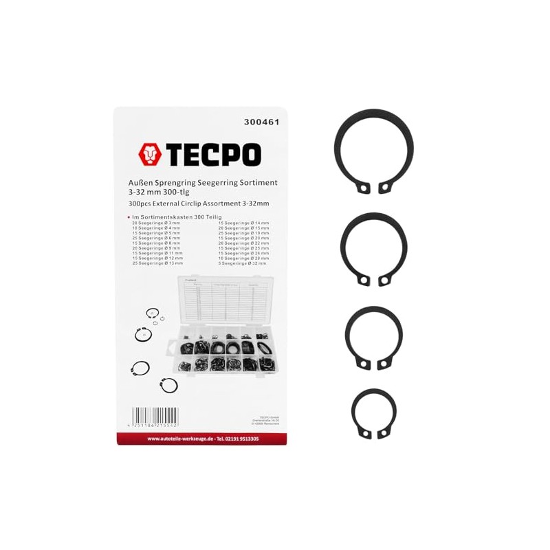 TECPO Outer Seeger Rings Circlips Slot Rings Assortment 300 Pieces