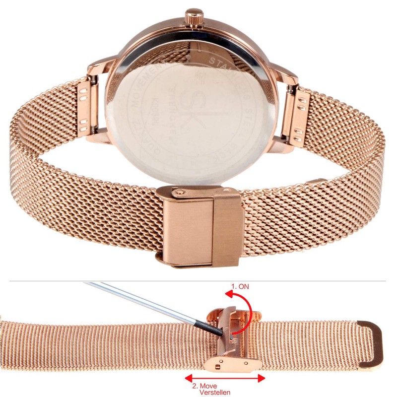 Alienwork SK Minimalist Women's Ultra Flat Elegant Watch, Rose Gold/White/Mesh