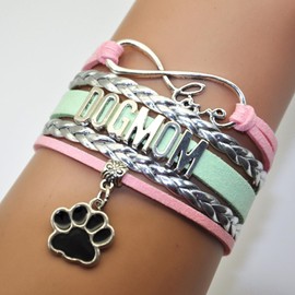 Vikitoriously Pet Dog Mom Bracelet - Infinity Love Memorial Paw Print Bracelet Gift For Women, Men, Dog Lovers Party Favors (Pink Silver and Mint Green)
