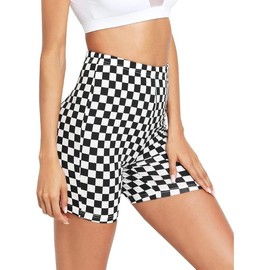 Women's High Waist Checkerboard Print Biker Shorts - Color: black, Size: X-Small