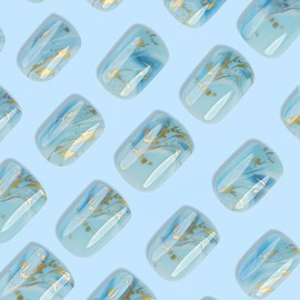 Short Press on Nails Square Fake Nails with Ocean Waves Designs Summer Glue on Nails Press ons Blue White Full Cover False Nails Acrylic Glossy Artificial Stick on Nails for Women 24 Pcs