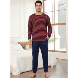 Sopesil Men's Long Pyjamas Set Pyjamas Contrast Stripes Cotton with Pockets Sleepwear Soft Cosy Lounge Wear for Men S-XXL, red