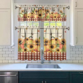 OUXIOAZ Buffalo Plaid Pumpkin Fall Kitchen Curtains, Sunflower Window Curtains, Farmhouse Thanksgiving Autumn Harvest Curtain for Kitchen Decor, 54" x 18" Valance, 27" x 36" Tier, 3 Panel Set