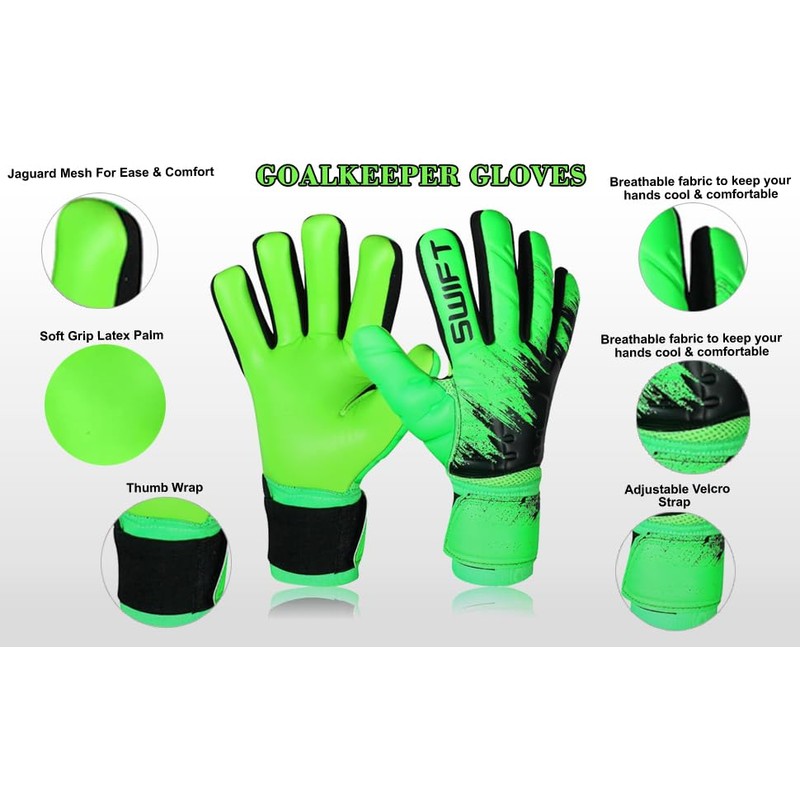 SWIFT WEAR Football Goalkeeper Gloves, Green and Black, Super Grip