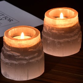 AMOYSTONE Selenite - Portavelas de cristal redondo para velas de té (6,35 cm, 2 unidades), color blanco