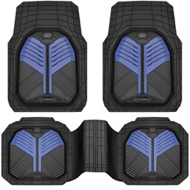 CAR PASS Heavy Duty Rubber Car Mats, Deep-Dish Car Floor Mats All Weather, Universal Two-Tone Trim-to-Fit for SUVs Trucks Sedans, Waterproof Anti-Slip, 3 Pieces V12 Black and Metallic Blue