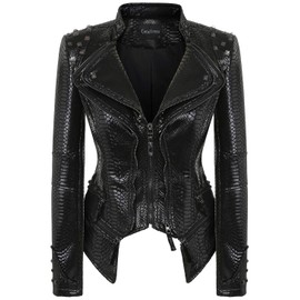 chouyatou Women's Fashion Snake Pattern Print Studded Moto Pu Leather Biker Jacket (XX-Large, Black)