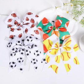 12 PCS Softball Baseball Cheer Bows, Sparkly Rugby Hair Bows with Elastic Hair Ties Accessories for Teens Girls Women Cheerleading Softball Competition Sports (Yellow Softball)