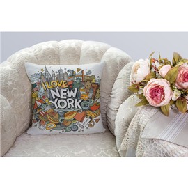 (Design 105) - HGOD DESIGNS New York Decorative Throw Pillow Cover Case,Cartoon Doodles Inscription American Cotton Linen Outdoor Pillow cases Square Standard Cushion Covers For Sofa Couch Bed 46cm x 46cm Colourful