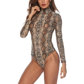 Queen.M Women's Basic Solid Bodysuit Turtleneck Leotard Top Long Sleeve Bodycon Jumpsuit Stretchy Romper (Snake Skin Print, S)