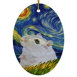 Whimsical Night Sky White Hamster Christmas Ornament White Oval Ceramic - Impressionist Pet Portrait Memorial Keepsake Gifts for Hamster Lovers