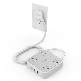 TESSAN Regleta Multicontacto con Protector de Sobretensión, 1.5M Plana Extension Electrica, Enchufe Plano Conector Multiple con 4 Salidas y 3 USB (1 USB C), Hogar Oficina Dorm, Gris