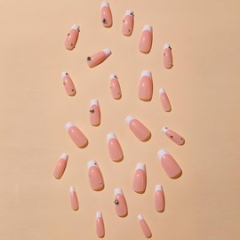French Tips Press on Nails Medium Pink Fake Nails with Glitter Rhinestones Artificial False Nails Acrylic Full Cover Glue on Nails for Women