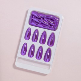 Press on Nails - Medium Almond Fake Nails with Purple Chrome, Acrylic Bling Design 24 pcs