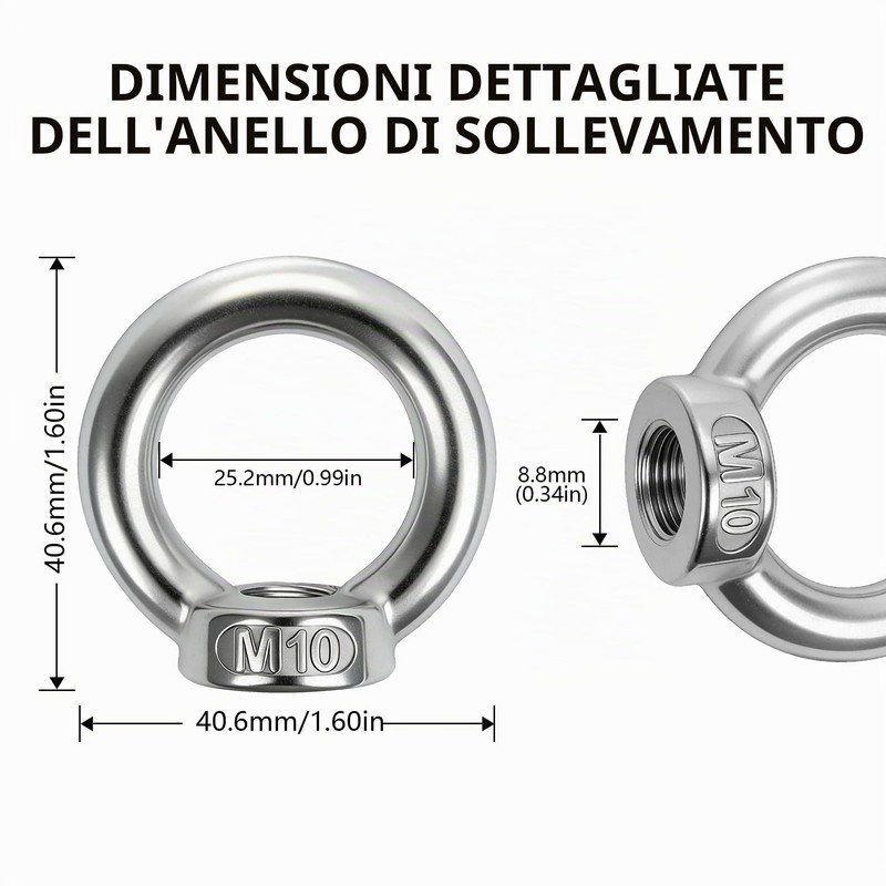 6 Pz Occhiello Sollevamento, M10 Dado ad Occhiello Filettato in